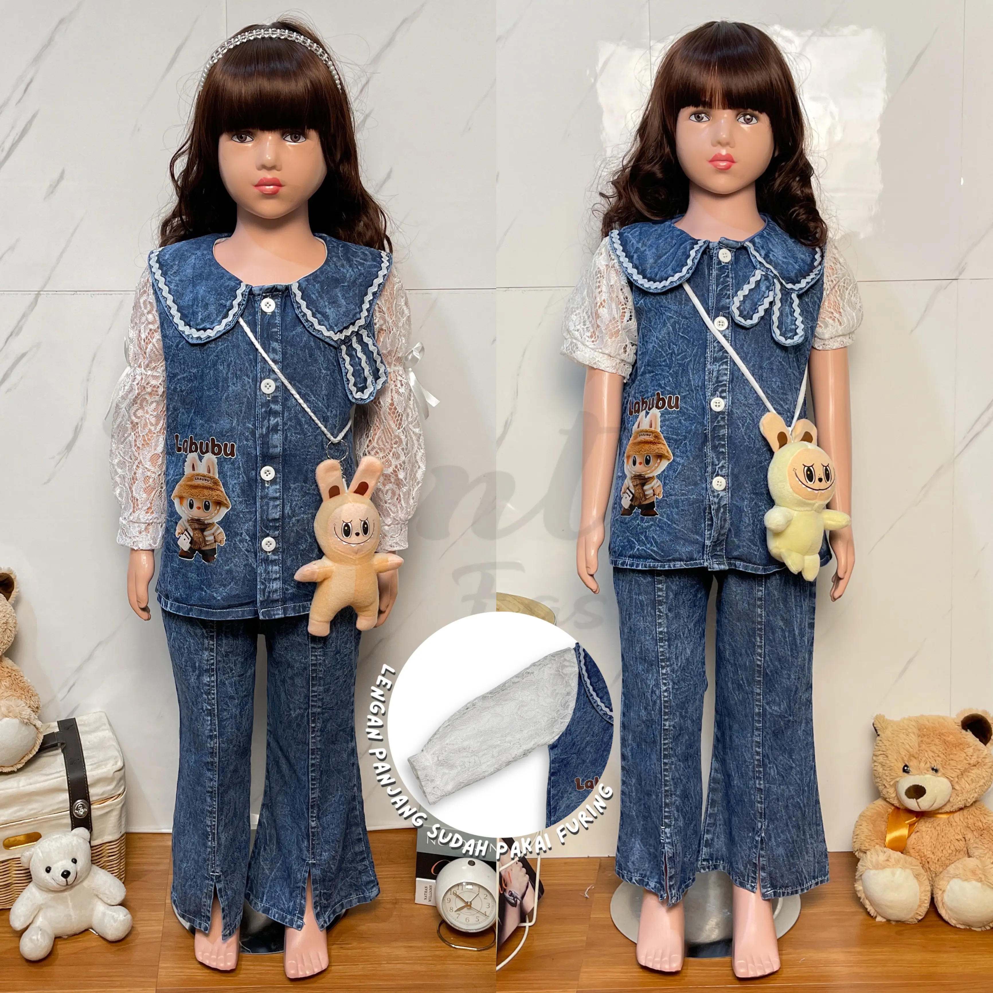 Setelan Full Jeans Labubu Anak Perempuan Celana Jeans Cutbray Bahan Denim Usia 3 - 12 Tahun Viral Fashion