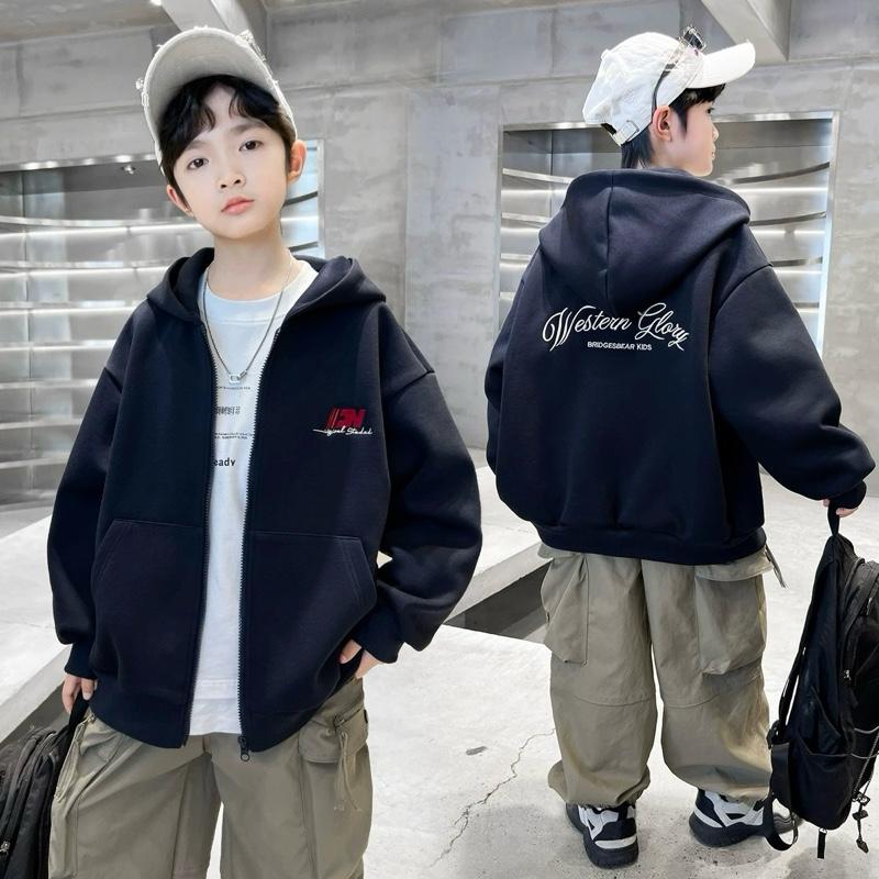 25-60KG ÁO KHOÁC NỈ MŨ KÉO KHOÁ 2 LỚP CÓ LÓT LÔNG NHUNG DÀY ẤM DÀNH CHO BÉ TRAI HOẠ TIẾT THÊU CHỮ WEST GLORY