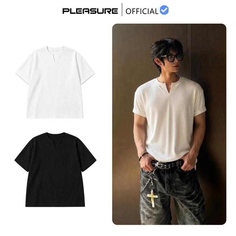 Áo Thun Short Sleeve Ribbed Basic, Áo Phông Cộc Tay Cổ xẻ trơn basic Nam Nữ Pleasure