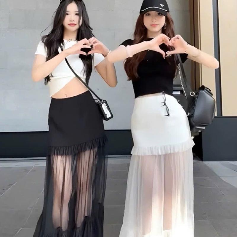  P267 - Chân váy dáng dài phối lưới ren viền bèo tôn dáng hot trend 