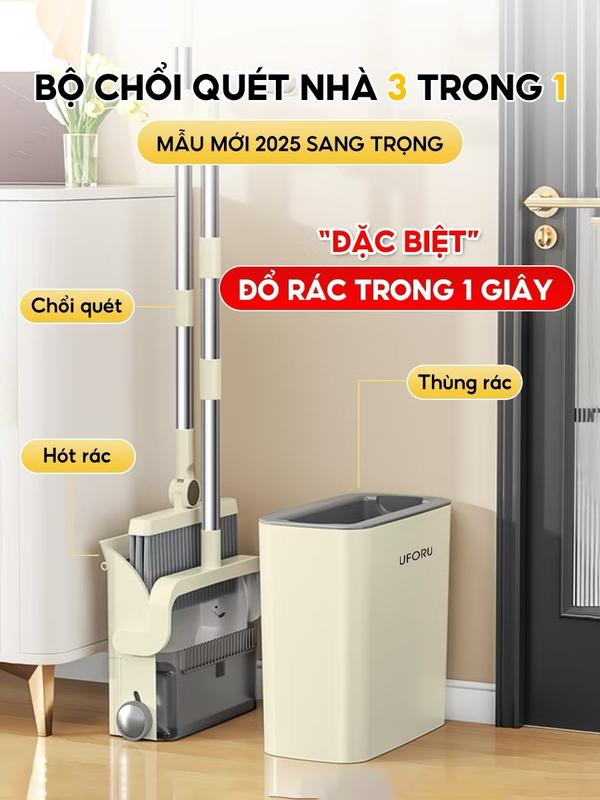 Bộ chổi quét nhà kèm hót rác và thùng 3 trong 1 UFORU thiết kế cao cấp hiện đại, ấn tự động đổ rác thông minh - UF747