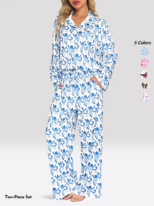 Women's All Over Print Lapel Neck Pajama Two-piece Set, Long Sleeve Button Top & Pants PJ Set, Casual Comfy Pyjama Set for Women, Loungewear 2