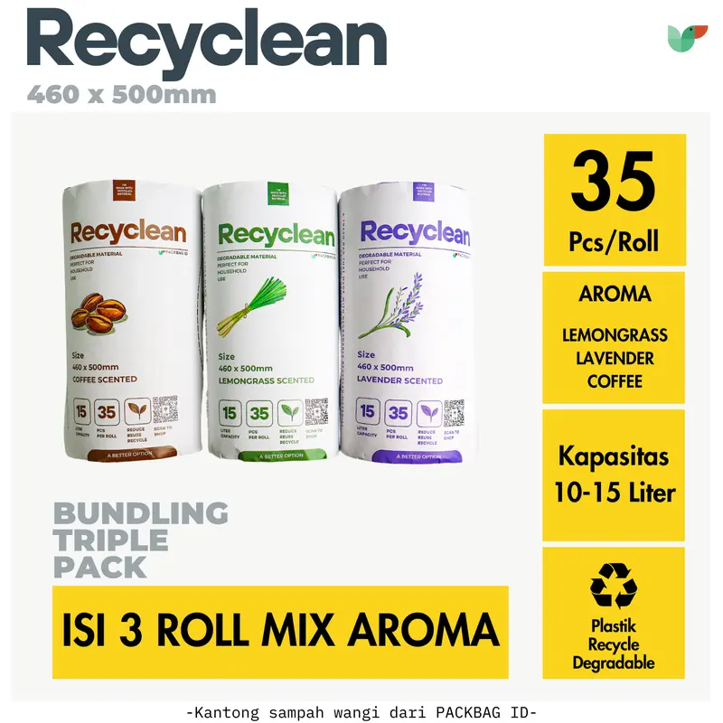 ISI 3 ROLL Plastik Sampah Wangi, PACKBAG ID Recyclean kapasitas 10L, 15L, Trash Bag Roll, Lavender, Lemongrass, Coffee 0