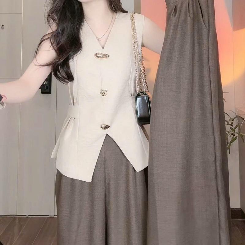 [Xả Kho] Set Áo Gile Cột Nơ Lưng Đũi Vân Mây Mix Quần Ống Suông Xếp li “PARKA” hàng thiết kế 2 màu be,đen-Dành Cho Nữ