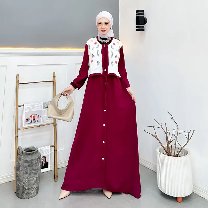 Gamis Rompi Bordir Wanita Terbaru Gamis Crinkle Airflow Pakaian Muslim Mewah 0