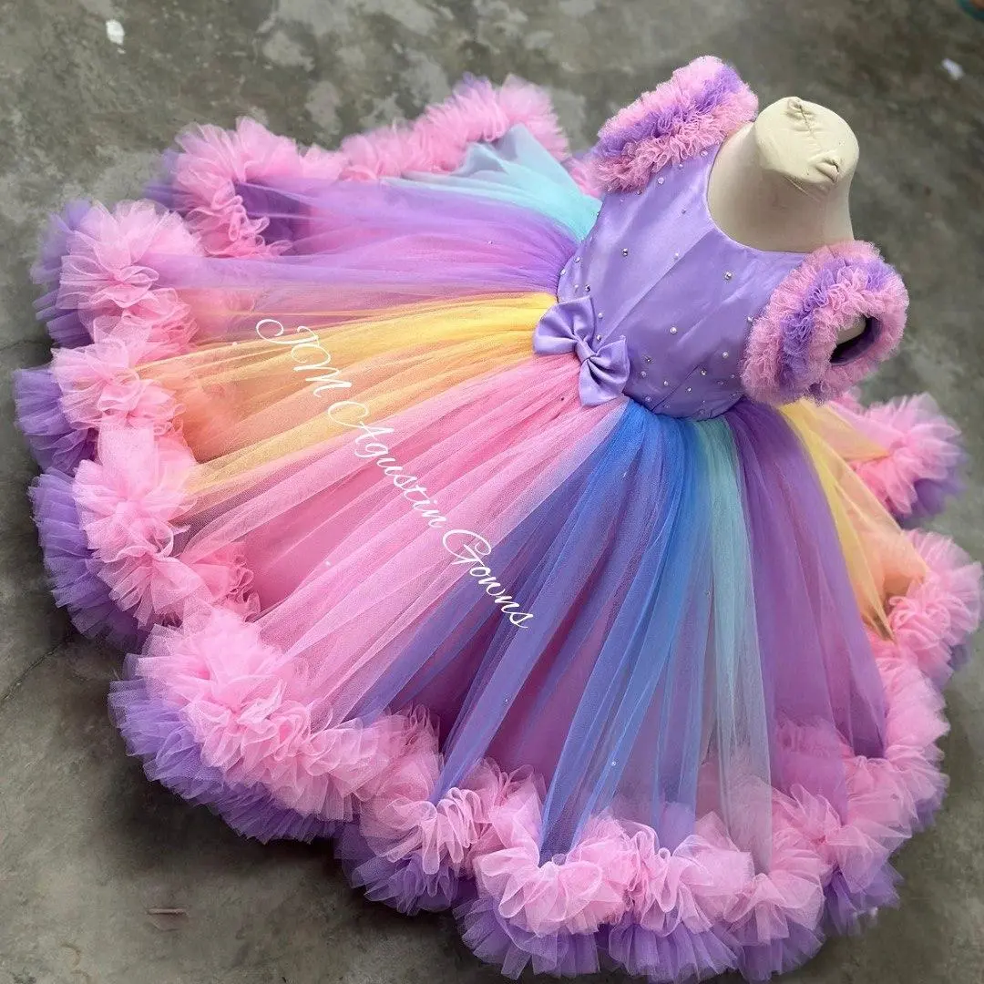 Rainbow butterfly Kids Ball Gown Ruffles with Butterfly (actual photo)