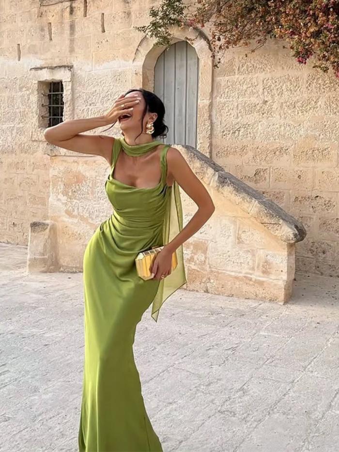 party dress jakarta Promo Sexy Lady Solid Ribbon Evening Dress Fashion Sleeveless Square Collar  Lace Up Backless Slim Maxi Dresses Summer Dinner Party New - Green, L -  Kota Administrasi Jakarta Pusat - Gruatyia