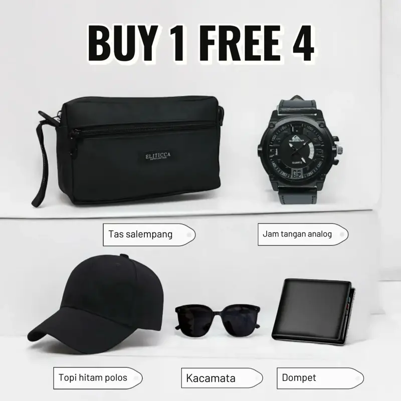 Beli 1 dapat 5 tas salempang free jam tangan, topi, kacamata dan dompet 0