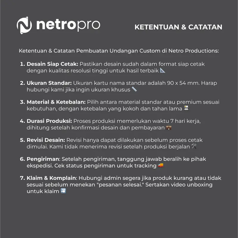 Kartu Nama Custom 1 & 2 Sisi - Standar dan Premium, 1 Box Isi 80 Lembar - Netro Productions - Cards 4