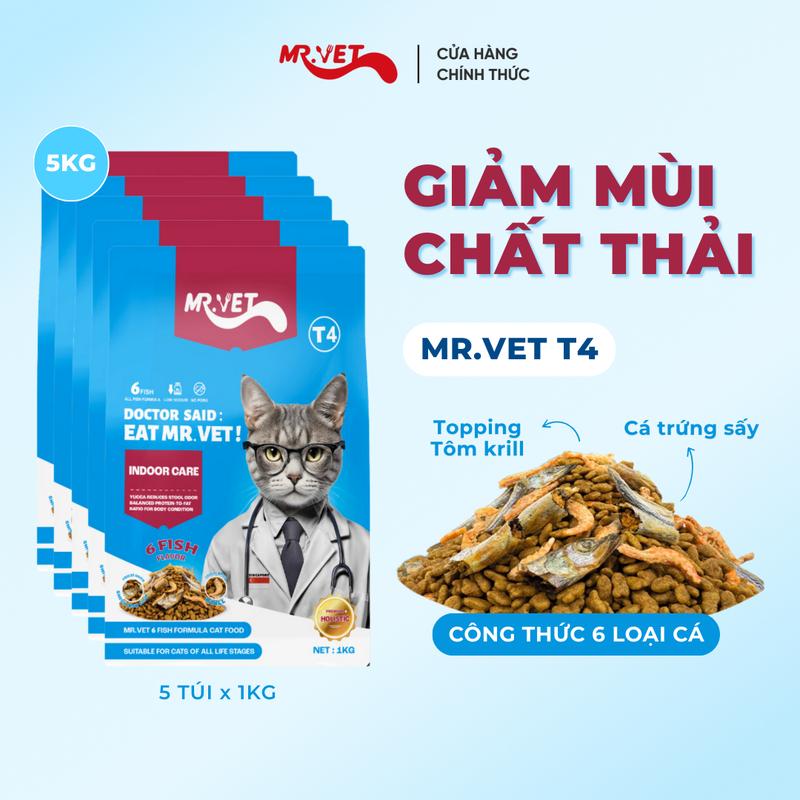 THỨC ĂN CHO MÈO 5 Túi Hạt Holistic Mr.Vet Thế hệ T4 Túi 1kg Công thức 6 loại cá Cá ngừ Cá hồi Cá Bonito Cá cơm Cá tuyết cùng Topping Cá trứng và Tôm Krill sấy khô duy trì thể trạng lý tưởng cho mèo ít vận động phù hợp cho mèo mọi lứa tuổi