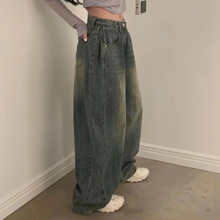 Quần jeans suông nhún hông 3 màu lưng cao dáng basic phong cách đường phố loe bò xanh ống rộng Nữ Women 6