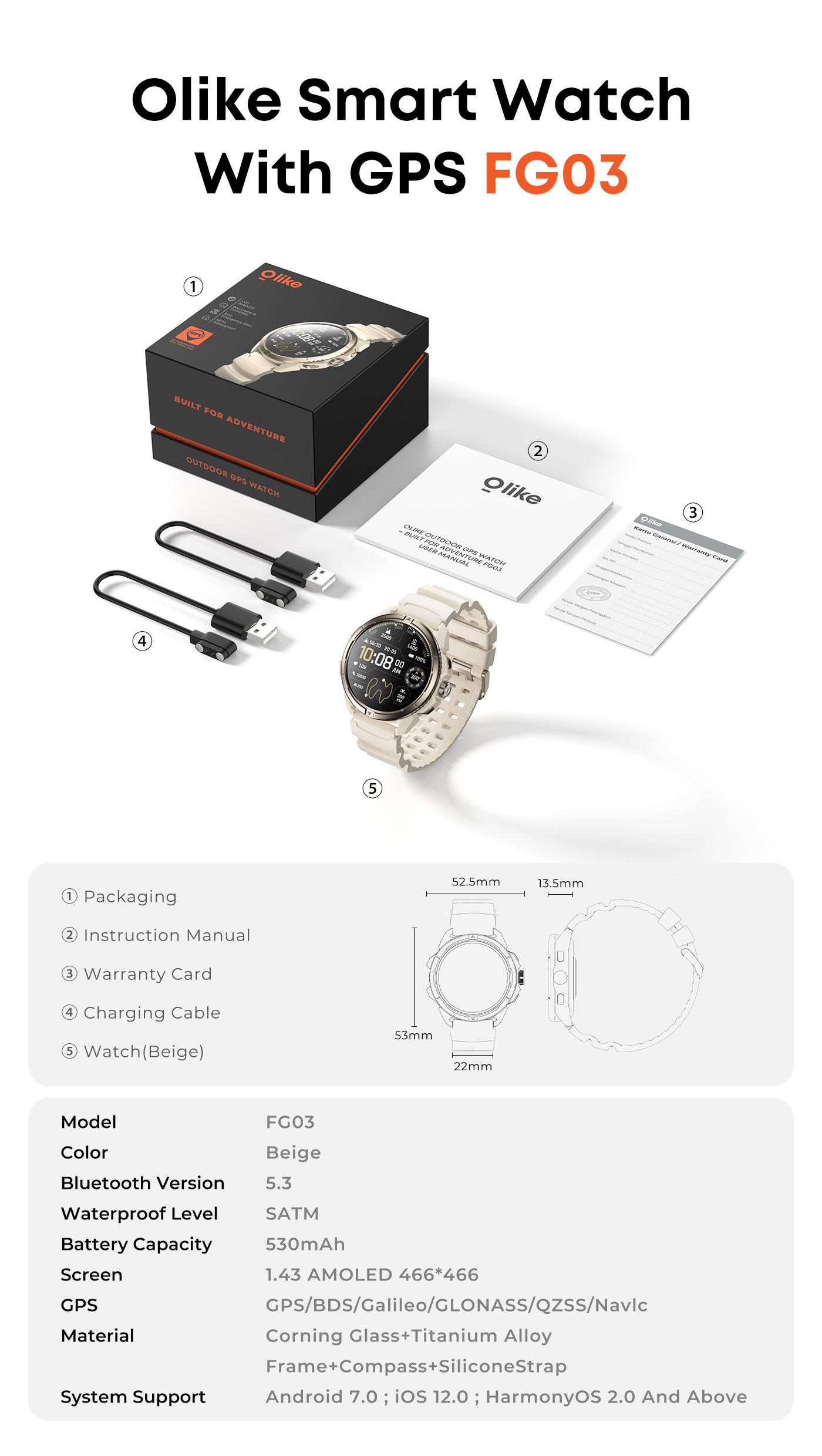 Olike Smartwatch FG03 GPS  |  Sync ke STRAVA dengan Peta Offline 6 Satelit | AMOLED 1.43" | Barometer Kompas SOS Alert | Tahan Air 5ATM Swim Proof | Garansi 1 Tahun