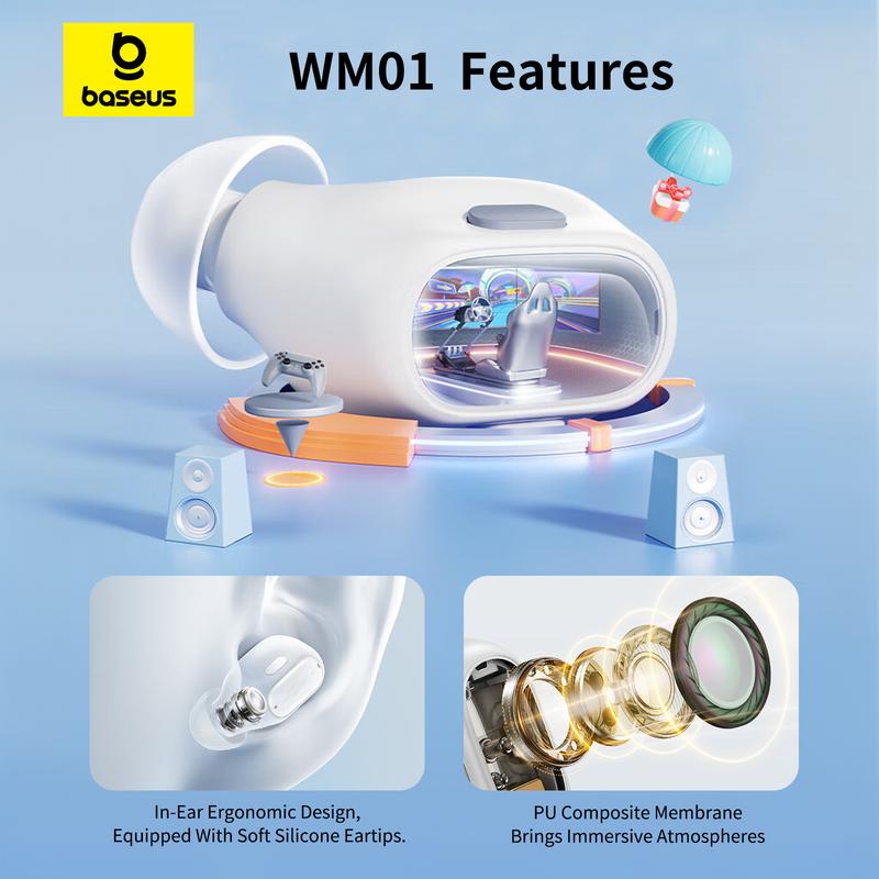 Baseus Encok WM01 True Wireless Bluetooth Earphone Pengurangan Kebisingan Tahan Air Mini Earbuds TWS Headphones Biru 4