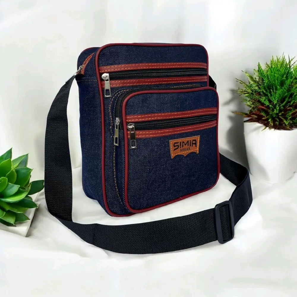 tas bahu selempang 4 resleting pashiaon pria wanita serbaguna jeans denim Cowo Slingbag bahan tebal