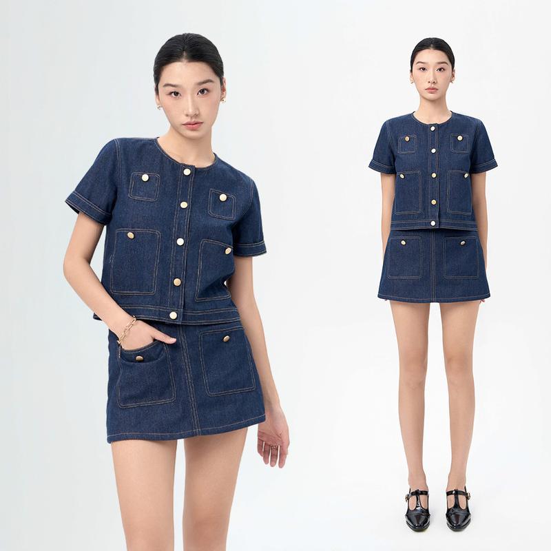  RECHIC Chân váy Kretie chất jean dáng A phối túi đính cúc thanh lịch 