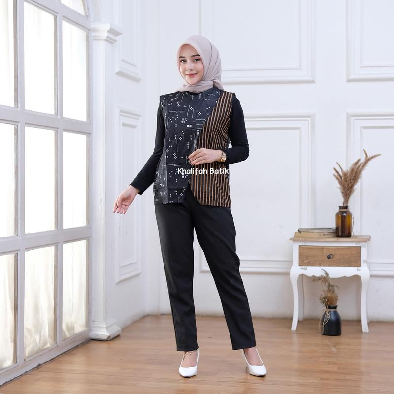 Outer Batik Kondangan Wanita Tanpa Lengan Jumbo Panjang Atasan Rompi Hitam 2