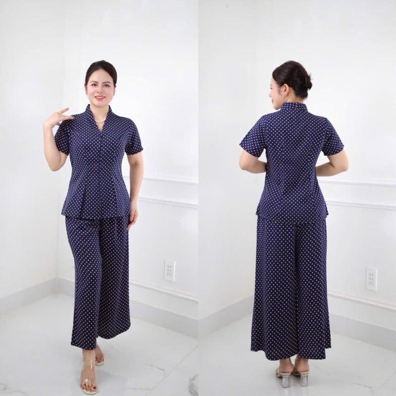 Set Đồ bộ trung niên cách điệu cho mẹ áo kiểu phối hoạ tiết đơn giản quần ống rộng giả váy chất lụa nhập thoáng mát MS30