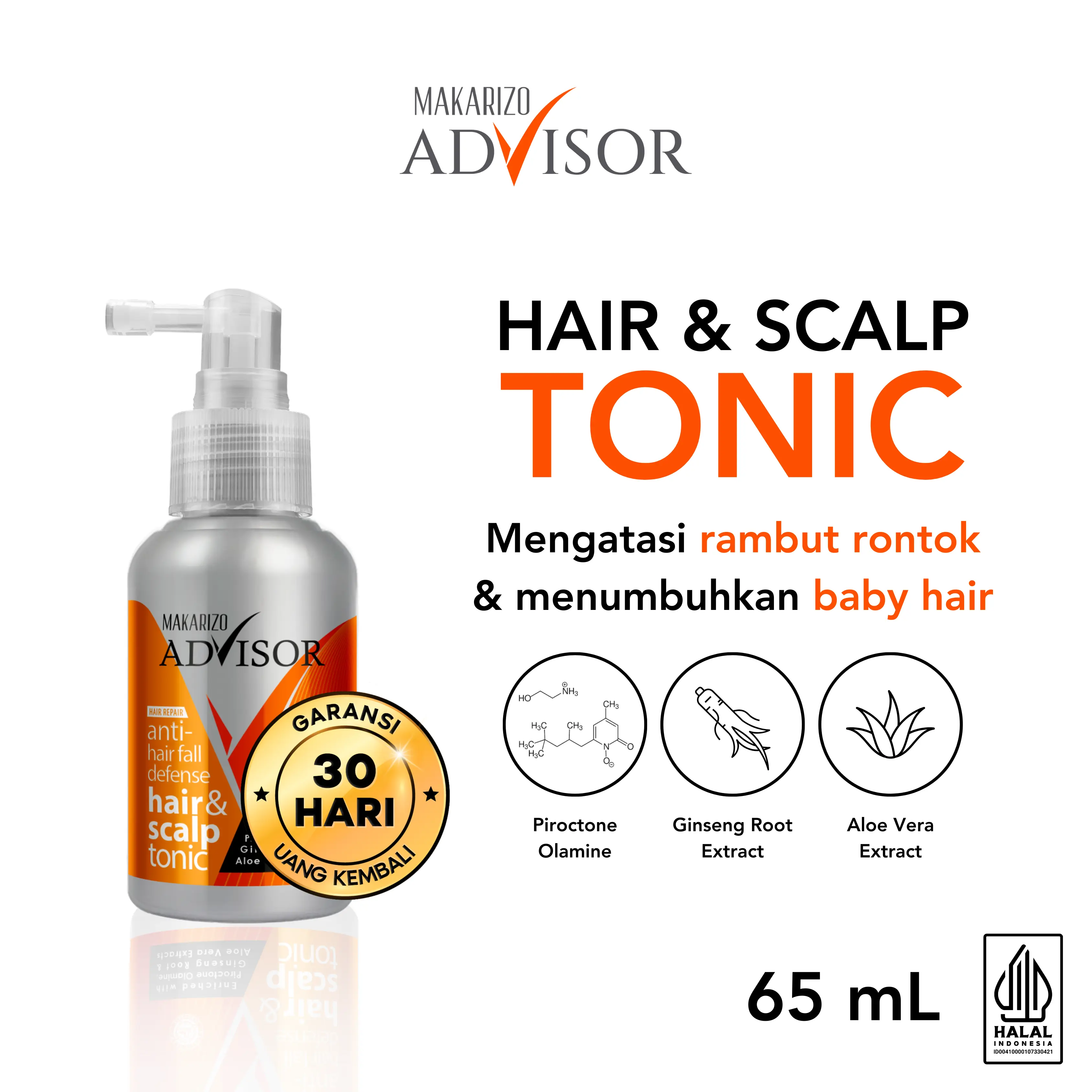 Makarizo Advisor Hair & Scalp Tonic 65mL - 2 in 1 Untuk Rambut Rontok dan Ketombe / Memperkuat Akar Rambut / Perawatan / Haircare Extract / Menebalkan