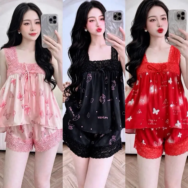 Sét Bộ Đùi Lụa Xước Ánh Kim Dây Ren Bản To Nhiều Hoạ Tiết(40-80kg )