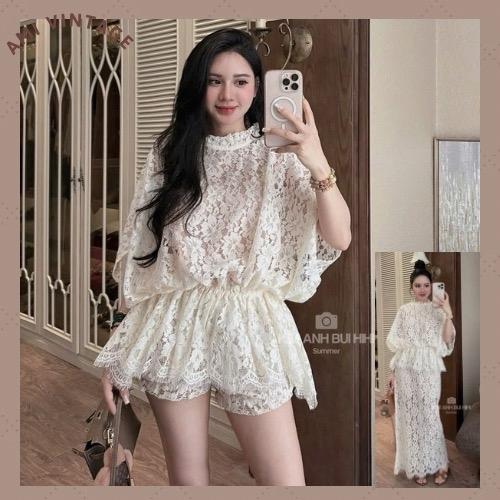   ĐỦSIZE 38-72kg  Set ÁO Ren Cánh Dơi Chun Eo Phối CHÂN VÁY Midi 2 Dáng Kiểu 