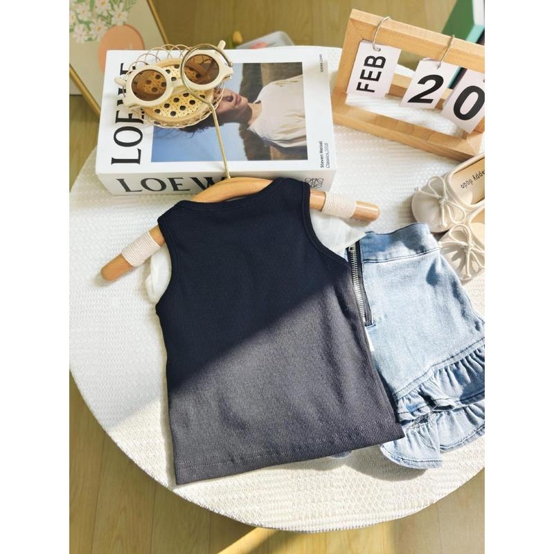 Setelan Anak Perempuan Import Knit Tanpa Lengan Pita Double Besar Punggung Short Pants Renda Terbaru 3