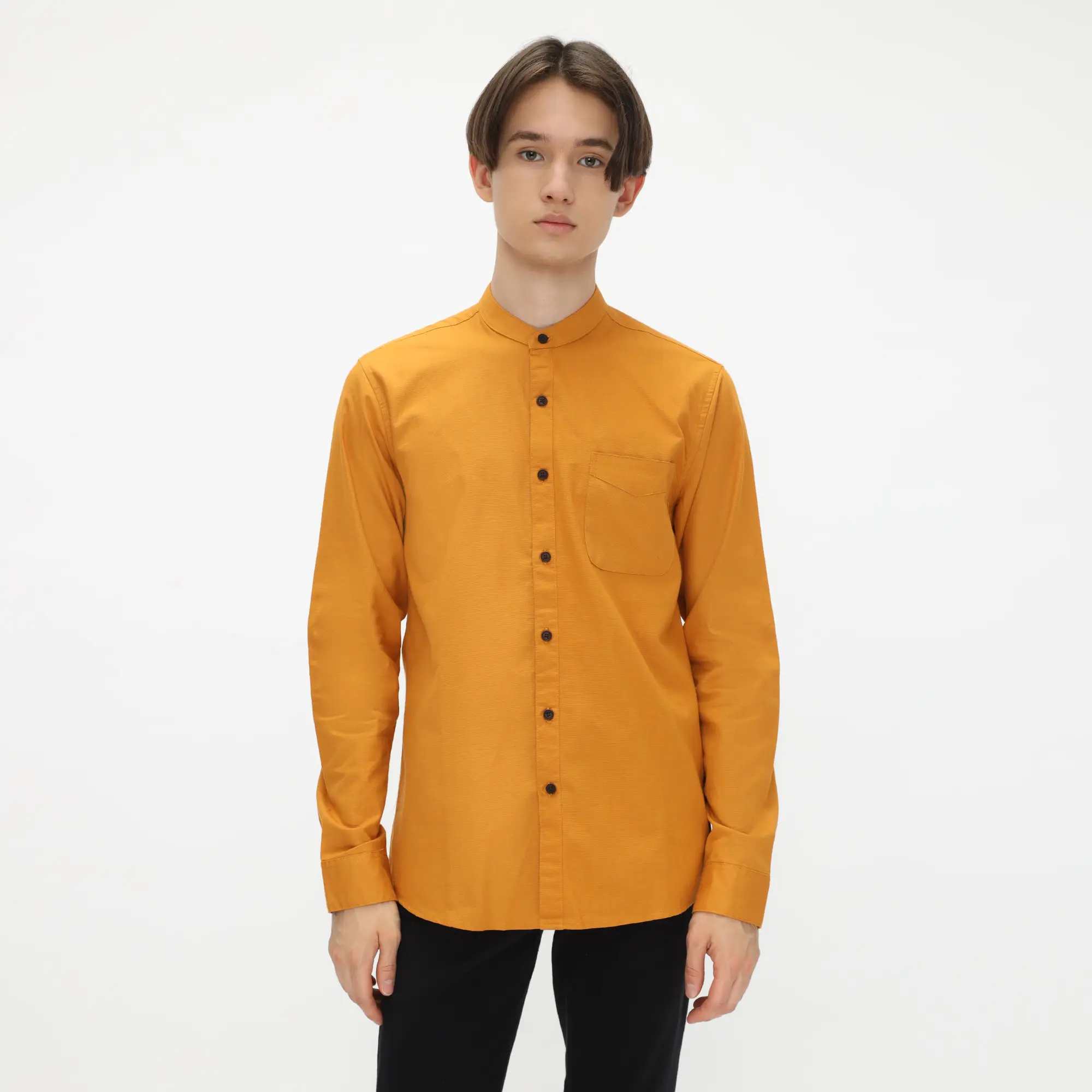 ALINO Kemeja Pria Shanghai Lengan Panjang Mustard Katun Santai Slimfit Hitam Formal Casual Baju warna Basic