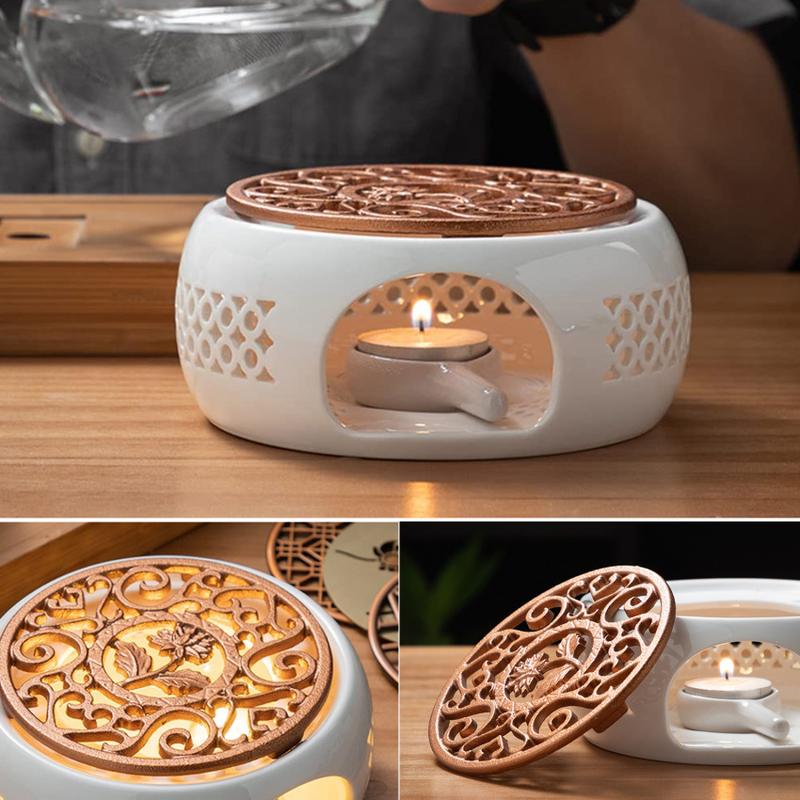 Product Introduction of Teapot Warmer Porcelain Tea Light Heater Tea Light Oven Without Electricity Candles Heating Oven White Teapot Heater Winter Tea Warmer for Home Tea House (with Spoon + Lid) 6