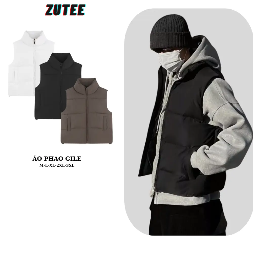 Áo phao gile nam nữ có túi sườn form rộng ZUTEE, Áo khoác phao cổ cao Menswear Đen