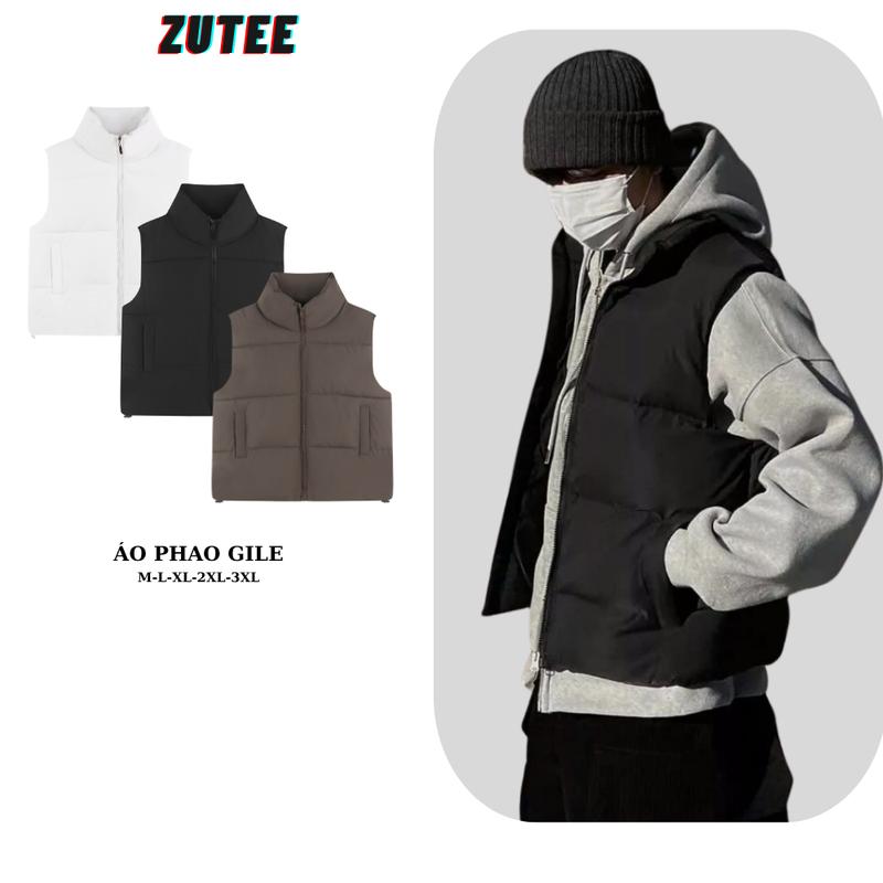 Áo phao gile nam nữ có túi sườn form rộng ZUTEE Áo khoác phao cổ cao Menswear Đen