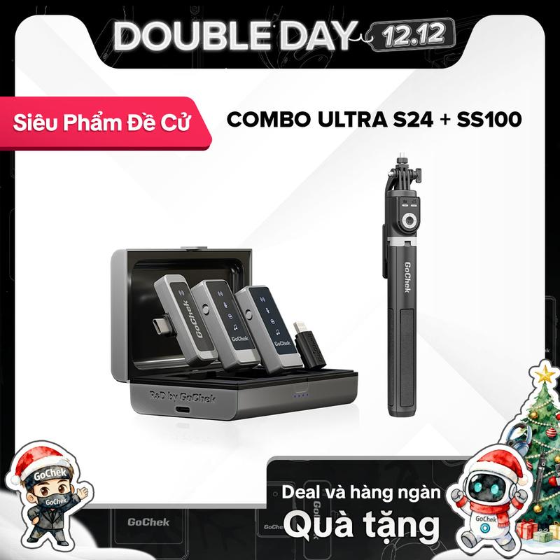  Combo Mic không dây GoChek S24 + Gậy tripod selfie | Combo phù hợp livestream thu âm quay video dành cho điện thoại máy tính Phụ Kiện Phone Bluetooth mic  vlogs 