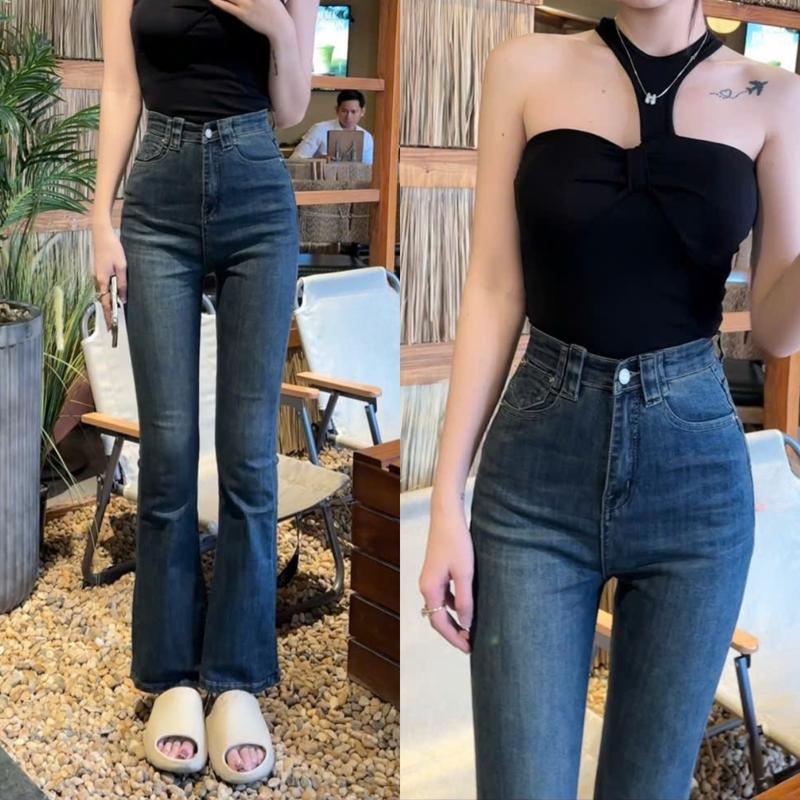 [ ZINLY SHOP ] Quần Jean Nữ Ống Loe Cạp Cao Màu Đậm Dây Săn Đôi Fom Ngắn 95cm Dài 105cm Chất Cotton Co Giãn Q3866