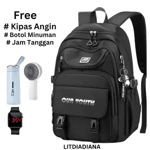 Tas Ransel Sekolah SD SMP SMA Buat Laki laki Dan Wanita Bonus Botol + Jam Tangan + Kipas Angin Fashion sekolah Tas Punggung