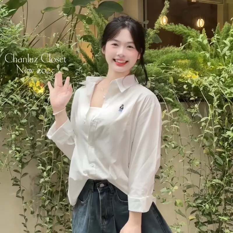 Áo sơ mi tay dài form basic thêu gấu mini chất thô mềm Chanluz Closet - CLS09