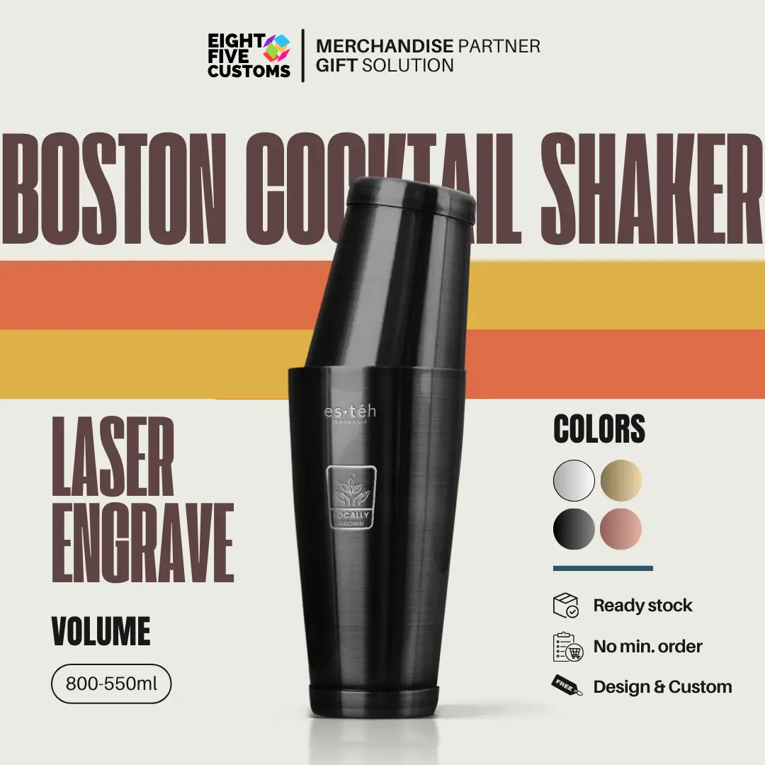 Custom Boston Cocktail Shaker Stainless Alat Bar Tools Cetak Laser Grafir Souvenir Gift