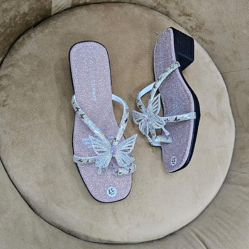Dép Cao Gót Nữ đính soàn bướm bling bling chất da kim tuyến cao 3cm đế cao su chống trơn trượt size 35-39