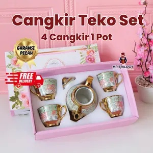 Cangkir Teko TeaPot Set 5in1 Hampers Gelas Teh Kopi Pot Gaya Eropa Emas Kado