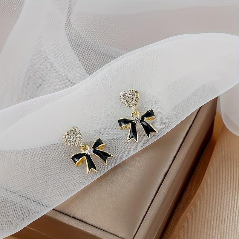 Product Introduction of Shiny Heart With Black Bow Pendant Stud Earrings Alloy Jewelry Embellished With Rhinestones Elegant Vintage Style Female Dating Earrings 3