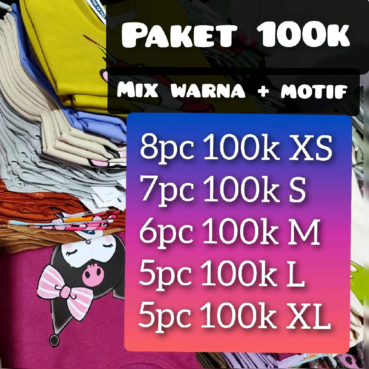 Paket 100k 8pc kaos anak motif campur labubu kuromi distro Fashion Pakaian