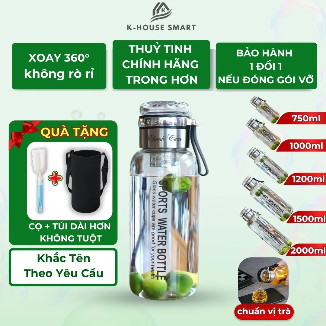 Bình nước thuỷ tinh pha trà K House có lọc bã inox không gỉ cao cấp hỗ trợ khắc tên tặng túi và cọ rửa bình