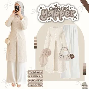 Outfit Wanita 4In1 Cantik ( Tunik Sabila+Celana Knit+Hijab+Free Hijab ) Ootd Hari Raya Elegan- AR145