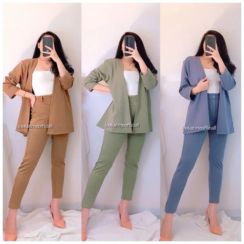 ￼Lookatmeofficial • Setelan Blazer Scuba 2in1 Aurora Set Outer + Pants Premium karet panjang Celana Wanita Atasan Tebal