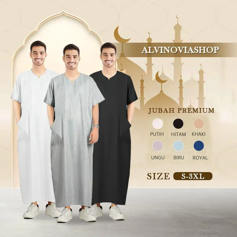 A NEW ARRIVAL Lengan Pendek GAMIS PRIAJUBAH GAMIS PRIA MODEL HARAMAIN JUBAHPOLOS jubah hitam jubah putih jubah gamis saudijubba muslim Alzan Slim fit jubah