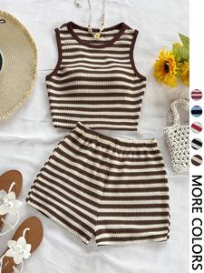 Conjunto de mujer casual de punto de rayas con top corto de manga corta y espalda descubierta, shorts con cintura elástica, perfecto para vacaciones, conjunto de 2 piezas