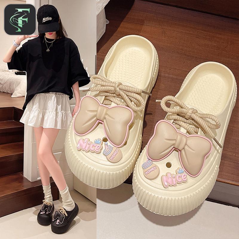 Giày Đi Biển, Thiết Kế Buộc Dây Dễ Thương, Thoáng Khí, Đế Dày 5CM, Chống Trượt, Phong Cách Mới, Có Thể Đeo Ngoài Trời, Tăng Chiều Cao, Dép Bít Mũi Lùi, Thích Hợp Cho Bước Xăng Đan