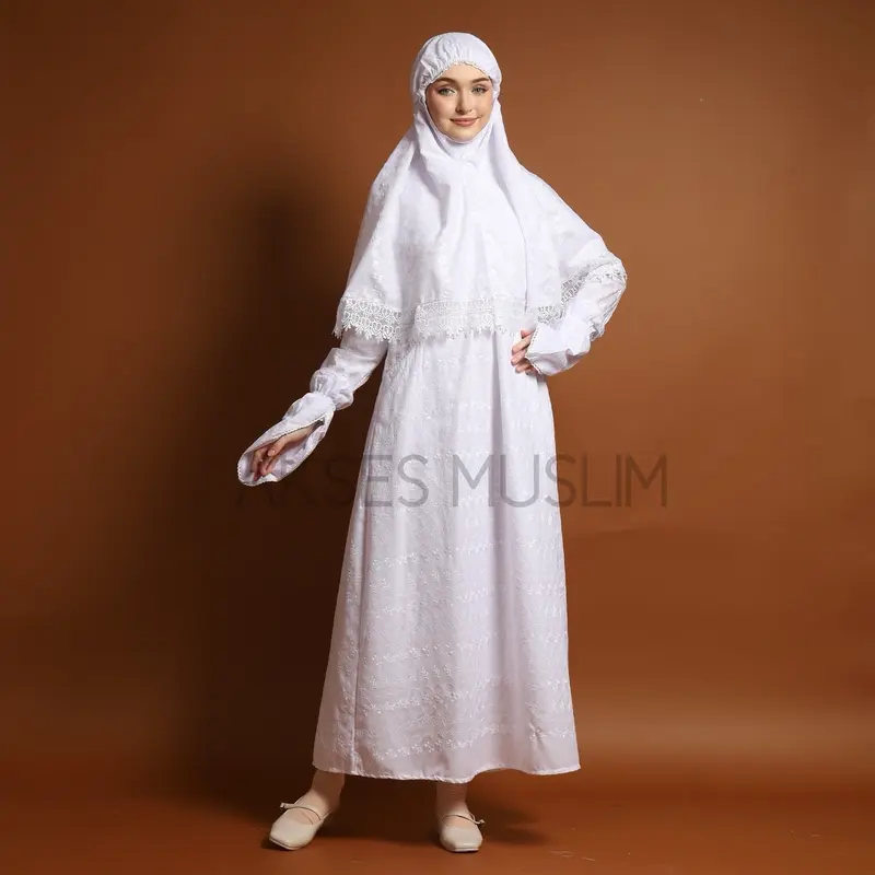 Gamis ihrom wanita gamis putih wanita paket kerudung katun bordir perlengkapan haji dan umroh wanita Bergo Motif Nyaman Muslim Lembut Jilbab Kantong Panjang Setelan Lebaran Dress Jepang 4