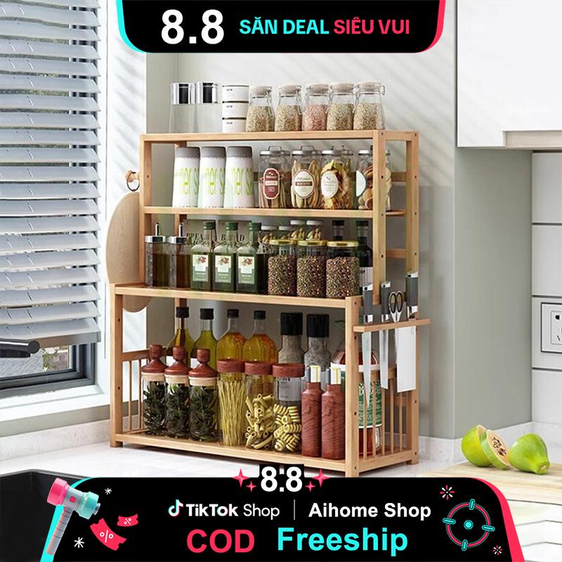 Ai Dụng cụ nhà bếp bằng tre chống ẩm 3 lớp Giá để đồ nhiều lớp Giá để đồ đa năng Hũ đựng gia vị chống côn trùng, chống ẩm và chống côn trùng, đựng đồ đa năng để lấy gia vị