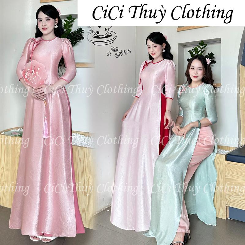 Áo Dài Nguyệt Nga Chất Liệu Lụa TiTan Ánh Gương Cách Điệu Phối Cổ Đính Nơ Xẻ…