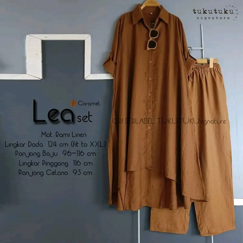 Lea One Set Setelan Jumbo Celana Kulot Tunik Polos Putih Fuchia Katun Linen Ld 124 Fit XXXL By Tukutuku 3