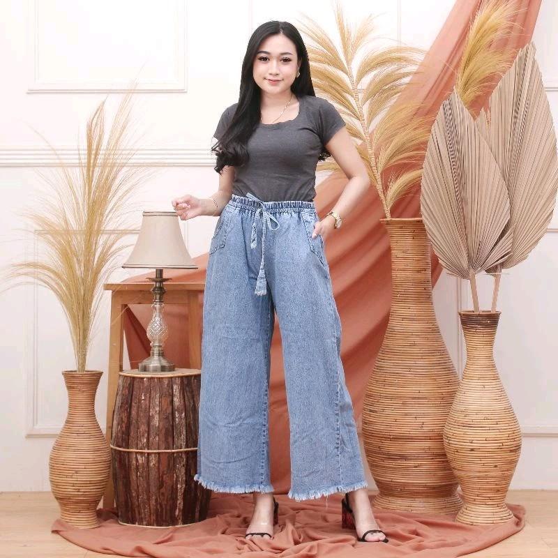 KULOT JEANS JUMBO [ M L XL XXL ] SNOW TALI SERUT | KULOT LIPAT JEANS PINGGANG FULL KARET | CELANA KULOT JEANS SNOW TALI SERUT  Celana Panjang Wanita Dewasa 5