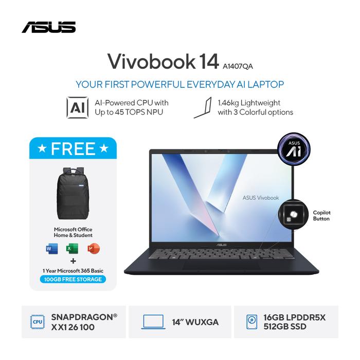 Gambar Asus Vivobook 14 A1407QA [SNAPDRAGON X X1 26 100|RAM 16GB|SSD 512GB|Win11|OHS24+365] dari megacom.id Kota Administrasi Jakarta Pusat Tokopedia